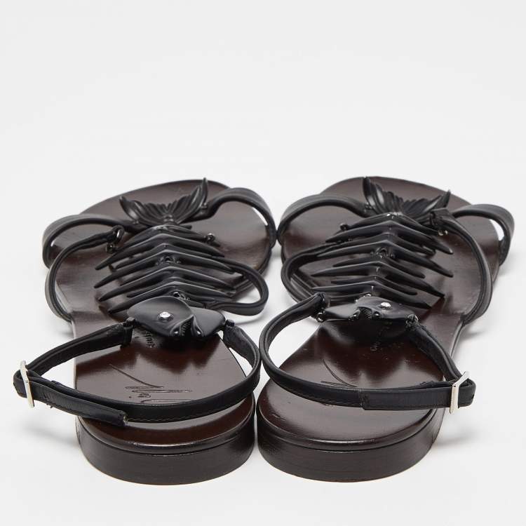 Pre Owned Giuseppe Zanotti Black Leather Fishbone Flat Sandals Size 38