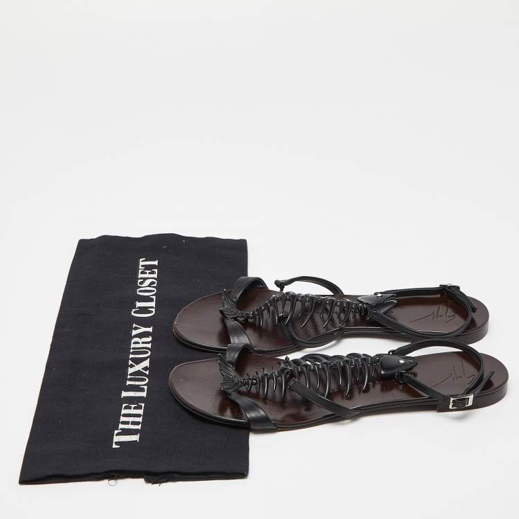 Pre Owned Giuseppe Zanotti Black Leather Fishbone Flat Sandals Size 38