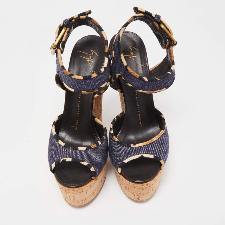 Pre Owned Giuseppe Zanotti Dark Wash Denim Cork Heel Platform Wedge Sandals Size 37.5