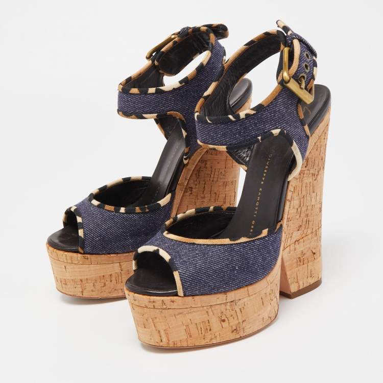 Pre Owned Giuseppe Zanotti Dark Wash Denim Cork Heel Platform Wedge Sandals Size 37.5