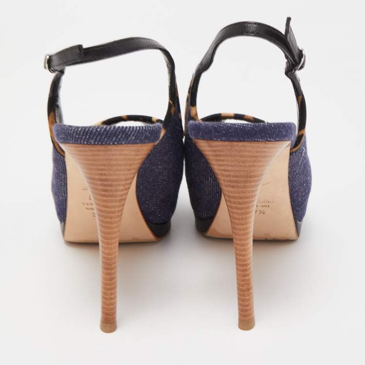 Pre Owned Giuseppe Zanotti Navy Blue Denim Peep Toe Platform Slingback Pumps Size 37.5