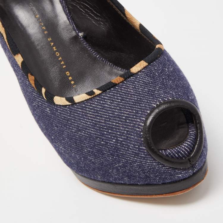 Pre Owned Giuseppe Zanotti Navy Blue Denim Peep Toe Platform Slingback Pumps Size 37.5