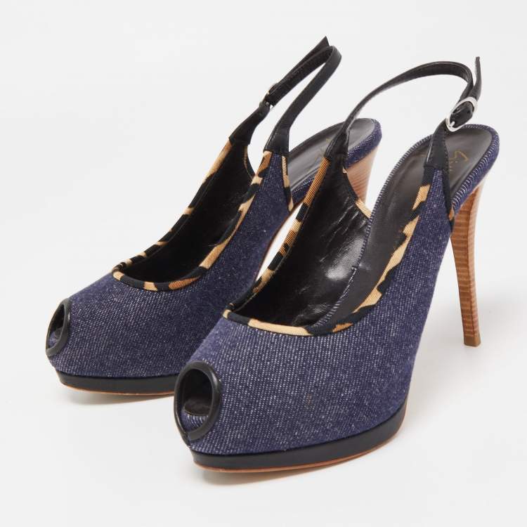 Pre Owned Giuseppe Zanotti Navy Blue Denim Peep Toe Platform Slingback Pumps Size 37.5