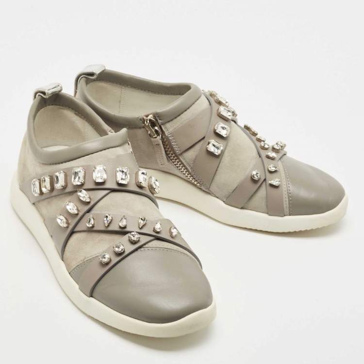 Pre Owned Giuseppe Zanotti Grey Suede Leather Crystal Embellihsed Low Top Sneakers Size 39