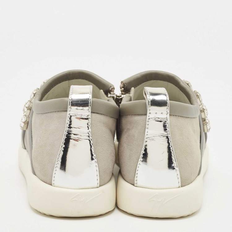 Pre Owned Giuseppe Zanotti Grey Suede Leather Crystal Embellihsed Low Top Sneakers Size 39
