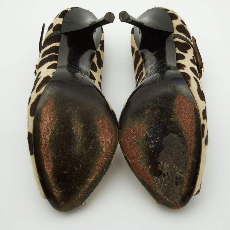 Pre Owned Giuseppe Zanotti Beige/Brown Leopard Print Calfhair and Patent Leather Peep Toe Pumps Size 37.5