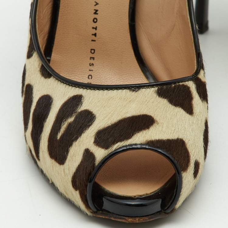 Pre Owned Giuseppe Zanotti Beige/Brown Leopard Print Calfhair and Patent Leather Peep Toe Pumps Size 37.5
