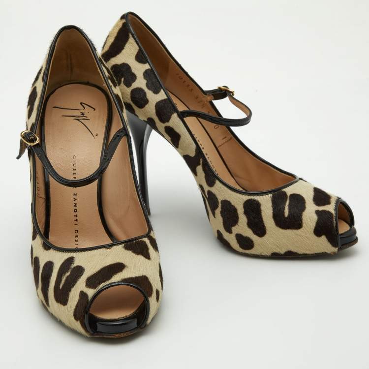 Pre Owned Giuseppe Zanotti Beige/Brown Leopard Print Calfhair and Patent Leather Peep Toe Pumps Size 37.5