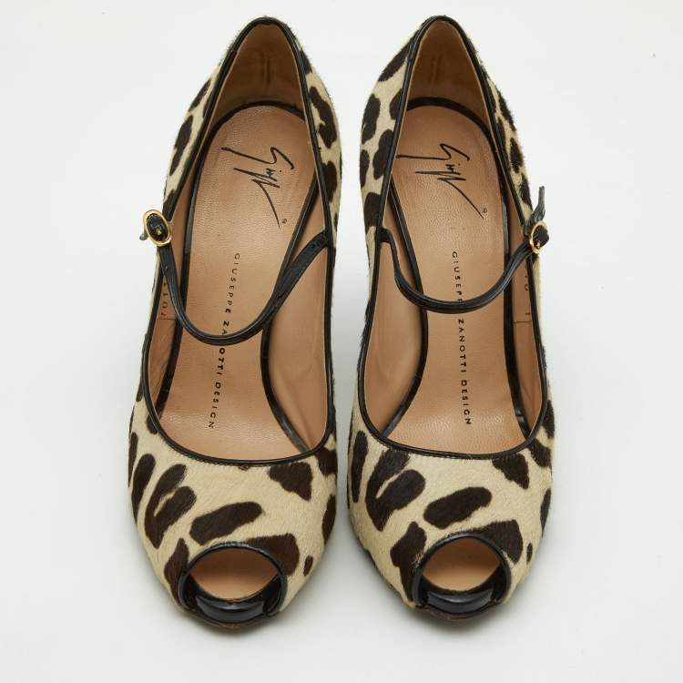 Pre Owned Giuseppe Zanotti Beige/Brown Leopard Print Calfhair and Patent Leather Peep Toe Pumps Size 37.5
