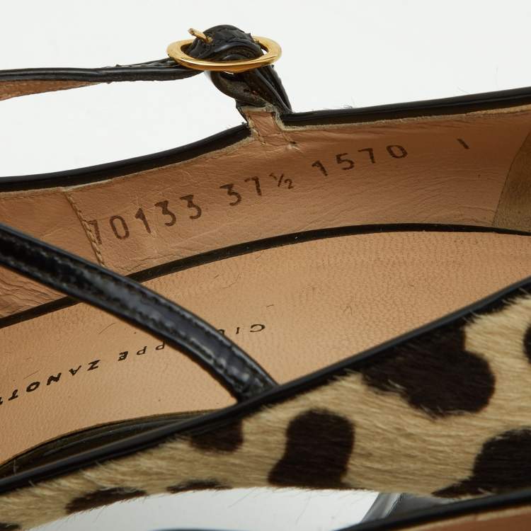 Pre Owned Giuseppe Zanotti Beige/Brown Leopard Print Calfhair and Patent Leather Peep Toe Pumps Size 37.5