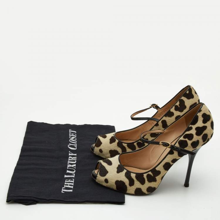 Pre Owned Giuseppe Zanotti Beige/Brown Leopard Print Calfhair and Patent Leather Peep Toe Pumps Size 37.5