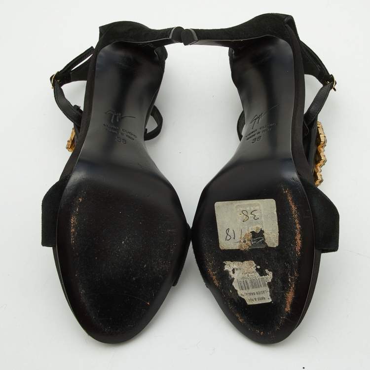Pre Owned Giuseppe Zanotti Black Suede Crystal Embellished Ankle Strap Sandals Size 38