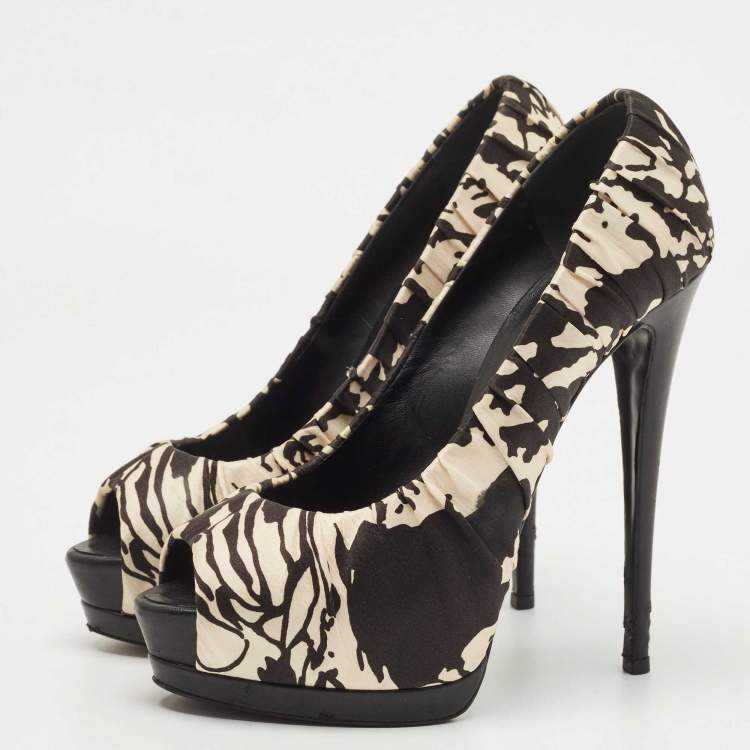 Pre Owned Giuseppe Zanotti Two Tone Printed Satin Peep Toe Platform Pumps Size 39