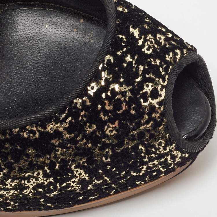 Pre Owned Guiseppe Zannotti Black/Gold Sequins and Velvet Peep Toe Slingback Platform Sandals Size 37