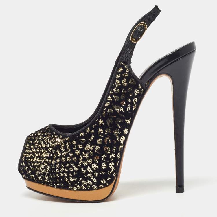 Pre Owned Guiseppe Zannotti Black/Gold Sequins and Velvet Peep Toe Slingback Platform Sandals Size 37