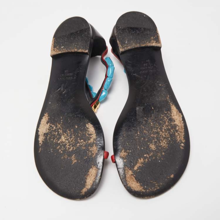Pre Owned Giuseppe Zanotti Red/Black Leather Turquoise Beaded Ankle Strap Thong Sandals Size 38