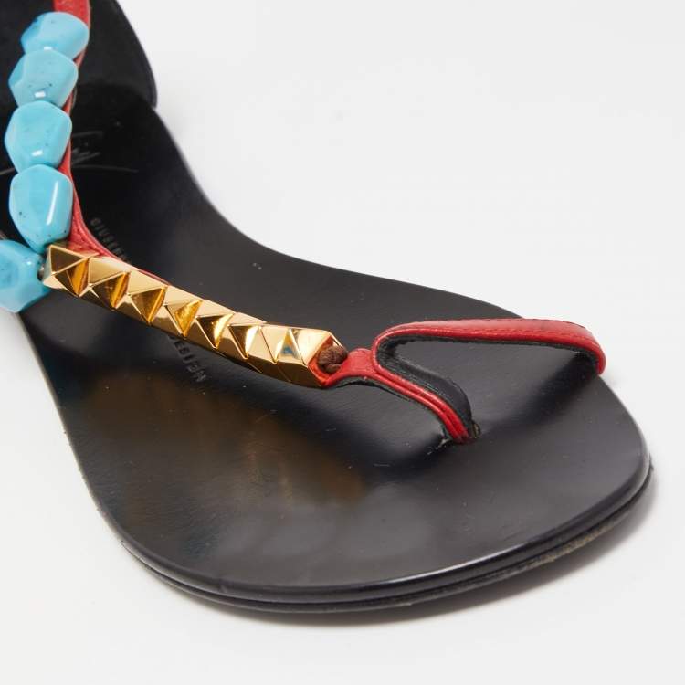 Pre Owned Giuseppe Zanotti Red/Black Leather Turquoise Beaded Ankle Strap Thong Sandals Size 38