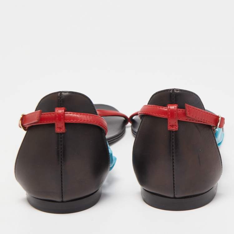 Pre Owned Giuseppe Zanotti Red/Black Leather Turquoise Beaded Ankle Strap Thong Sandals Size 38