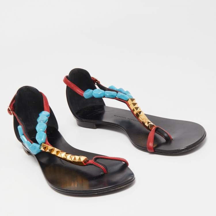 Pre Owned Giuseppe Zanotti Red/Black Leather Turquoise Beaded Ankle Strap Thong Sandals Size 38