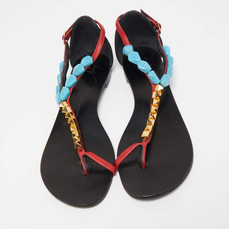 Pre Owned Giuseppe Zanotti Red/Black Leather Turquoise Beaded Ankle Strap Thong Sandals Size 38