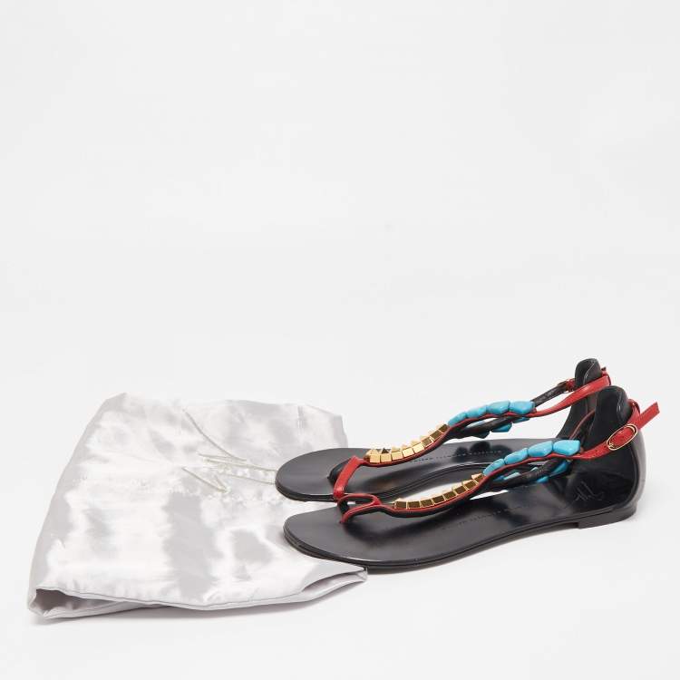 Pre Owned Giuseppe Zanotti Red/Black Leather Turquoise Beaded Ankle Strap Thong Sandals Size 38