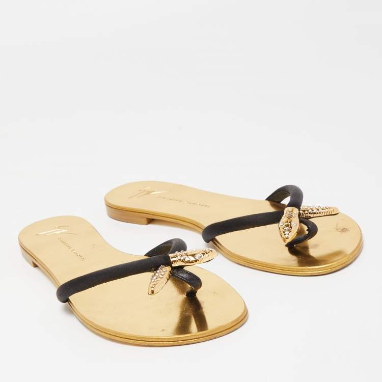 Pre Owned Giuseppe Zanotti Black Satin Jewel Embellished Thong Flat Sandals Size 38
