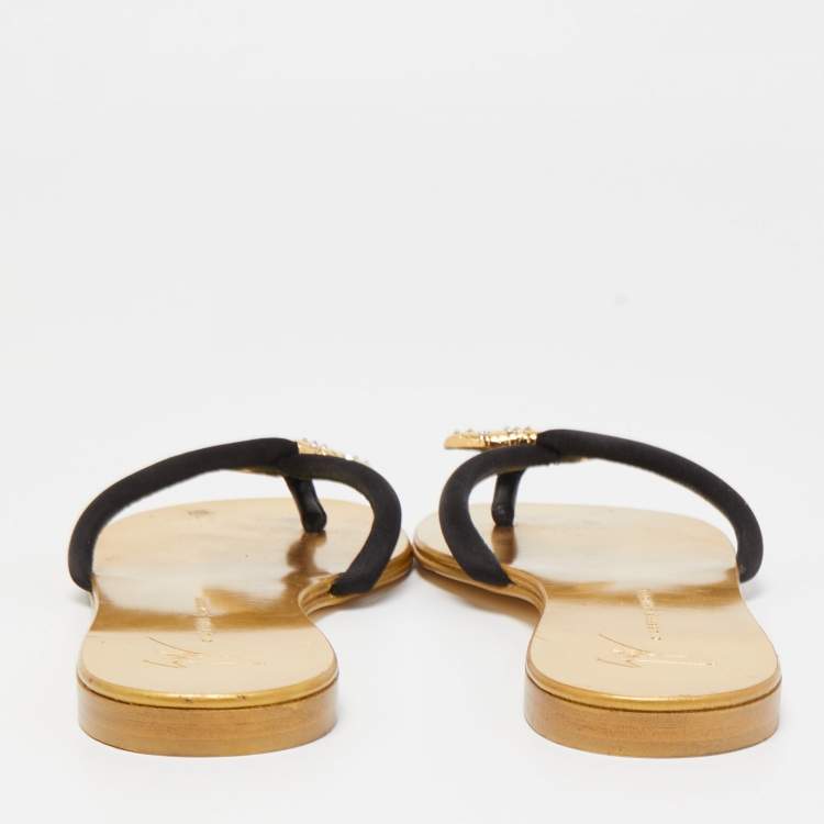 Pre Owned Giuseppe Zanotti Black Satin Jewel Embellished Thong Flat Sandals Size 38