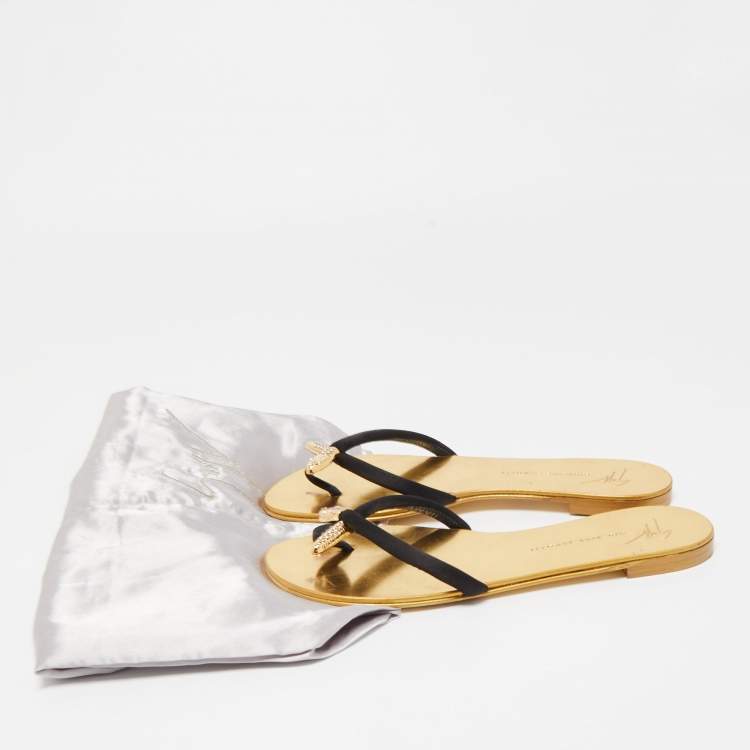 Pre Owned Giuseppe Zanotti Black Satin Jewel Embellished Thong Flat Sandals Size 38