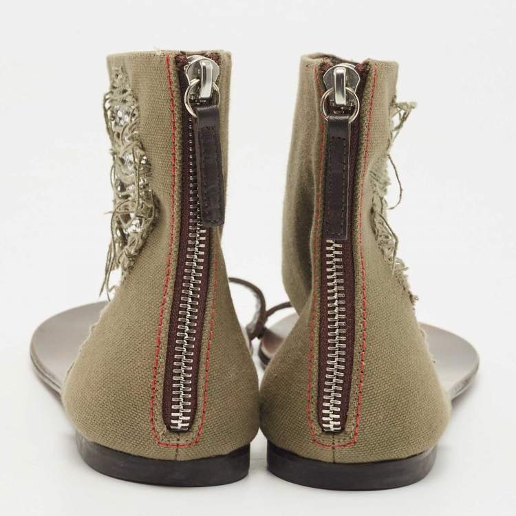 Pre Owned Giuseppe Zanotti Green Canvas Skull Crystal Embellished Toe Ring Zipper Flats Size 36