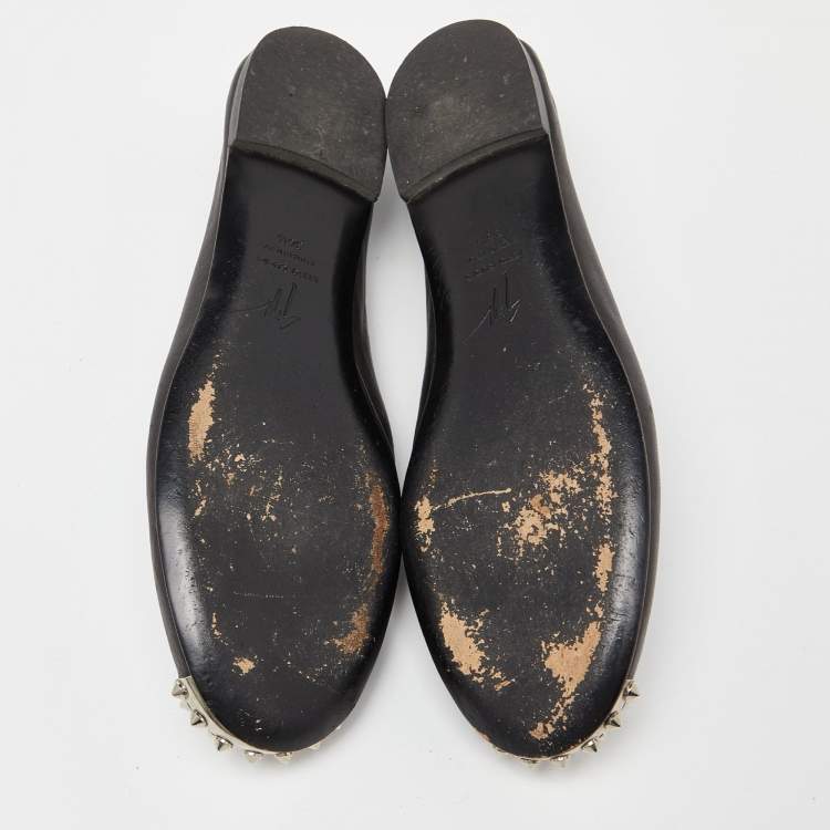 Pre Owned Giuseppe Zanotti Black Leather Malika Spiked Cap Toe Ballet Flats Size 36.5
