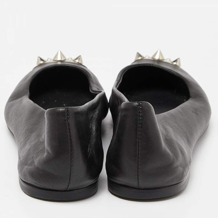 Pre Owned Giuseppe Zanotti Black Leather Malika Spiked Cap Toe Ballet Flats Size 36.5