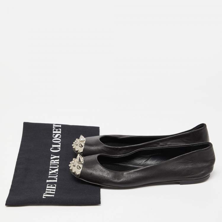 Pre Owned Giuseppe Zanotti Black Leather Malika Spiked Cap Toe Ballet Flats Size 36.5
