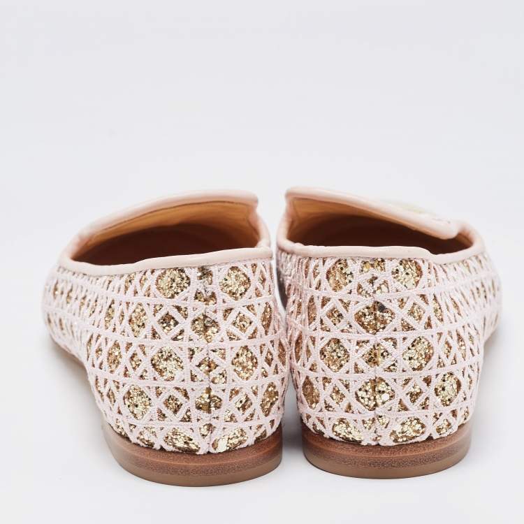 Pre Owned Giuseppe Zanotti Pink/Gold Coarse Glitter and Lace Smoking Slippers Size 40