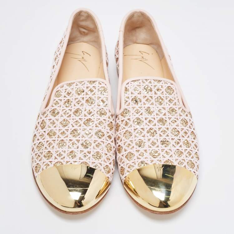 Pre Owned Giuseppe Zanotti Pink/Gold Coarse Glitter and Lace Smoking Slippers Size 40
