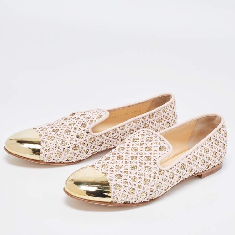 Pre Owned Giuseppe Zanotti Pink/Gold Coarse Glitter and Lace Smoking Slippers Size 40