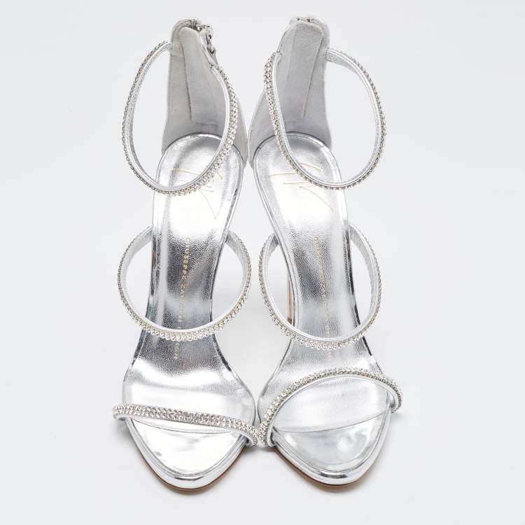 Pre Owned Giuseppe Zanotti Silver Foil Leather Harmony Crystal Embellished Ankle Cuff Sandals Size 37.5