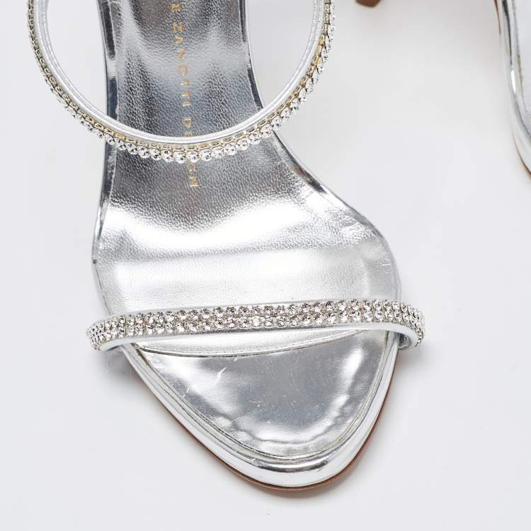 Pre Owned Giuseppe Zanotti Silver Foil Leather Harmony Crystal Embellished Ankle Cuff Sandals Size 37.5