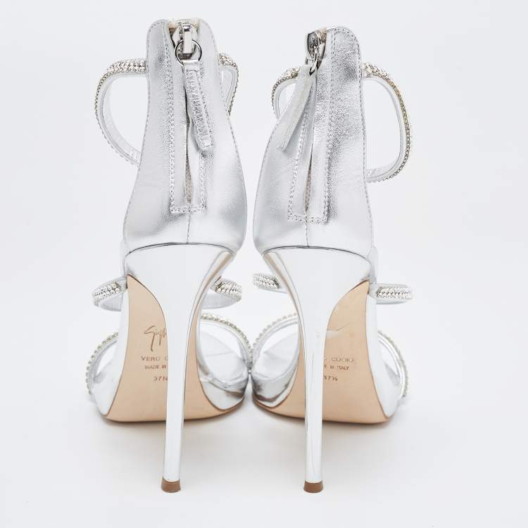 Pre Owned Giuseppe Zanotti Silver Foil Leather Harmony Crystal Embellished Ankle Cuff Sandals Size 37.5