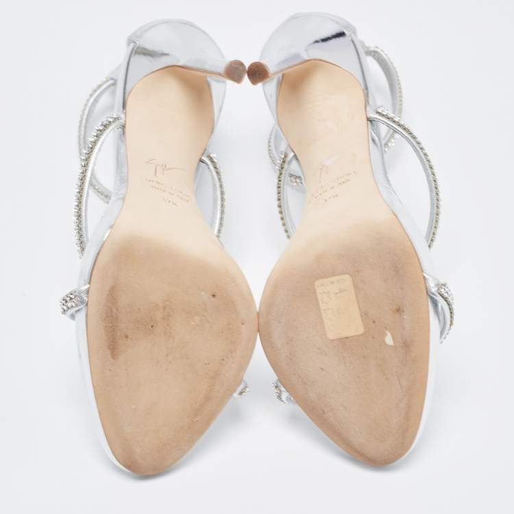Pre Owned Giuseppe Zanotti Silver Foil Leather Harmony Crystal Embellished Ankle Cuff Sandals Size 37.5
