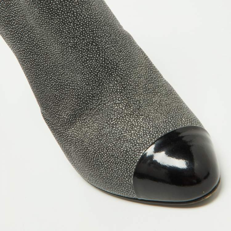 Pre Owned Giuseppe Zanotti Grey/Black Faux Leather and Patent Booties Size 36.5