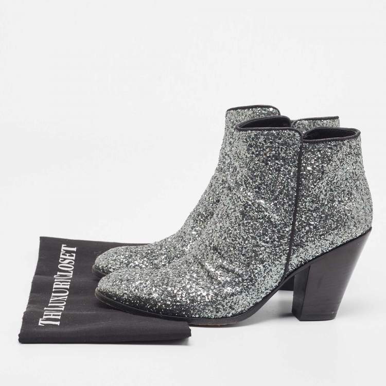 Pre Owned Giuseppe Zanotti Grey Coarse Glitter Ankle Boots Size 39