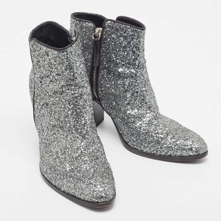 Pre Owned Giuseppe Zanotti Grey Coarse Glitter Ankle Boots Size 39