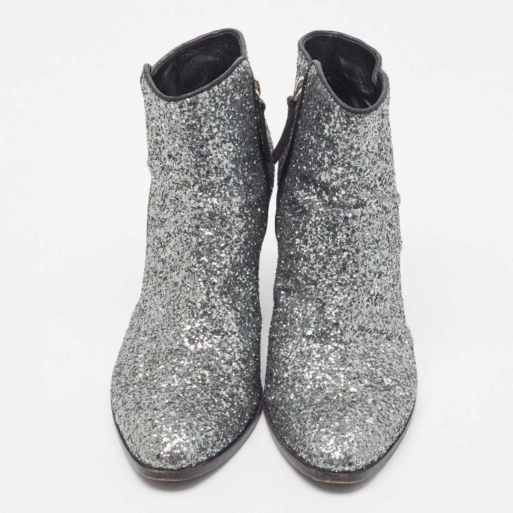Pre Owned Giuseppe Zanotti Grey Coarse Glitter Ankle Boots Size 39