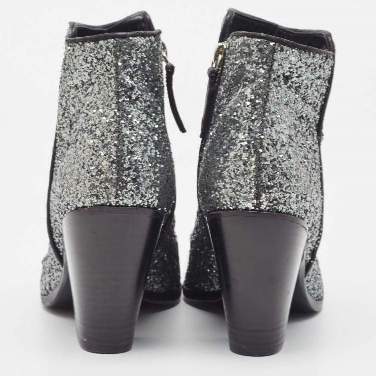 Pre Owned Giuseppe Zanotti Grey Coarse Glitter Ankle Boots Size 39