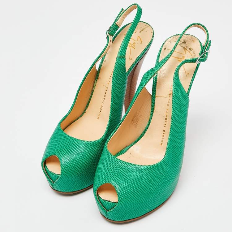 Pre Owned Giuseppe Zanotti Green Lizard Embossed Leather Slingback Sandals Size 39
