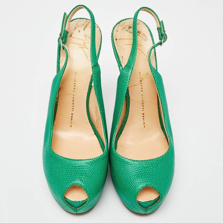 Pre Owned Giuseppe Zanotti Green Lizard Embossed Leather Slingback Sandals Size 39
