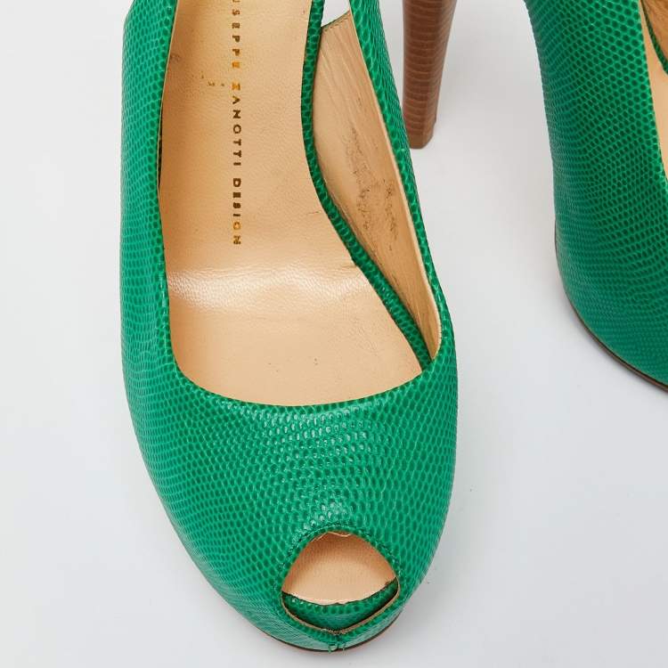 Pre Owned Giuseppe Zanotti Green Lizard Embossed Leather Slingback Sandals Size 39