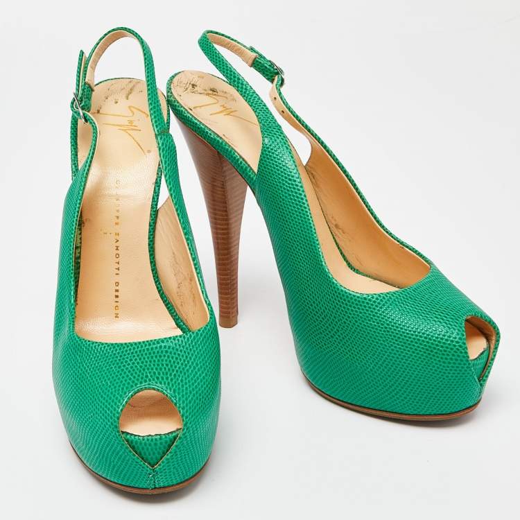 Pre Owned Giuseppe Zanotti Green Lizard Embossed Leather Slingback Sandals Size 39