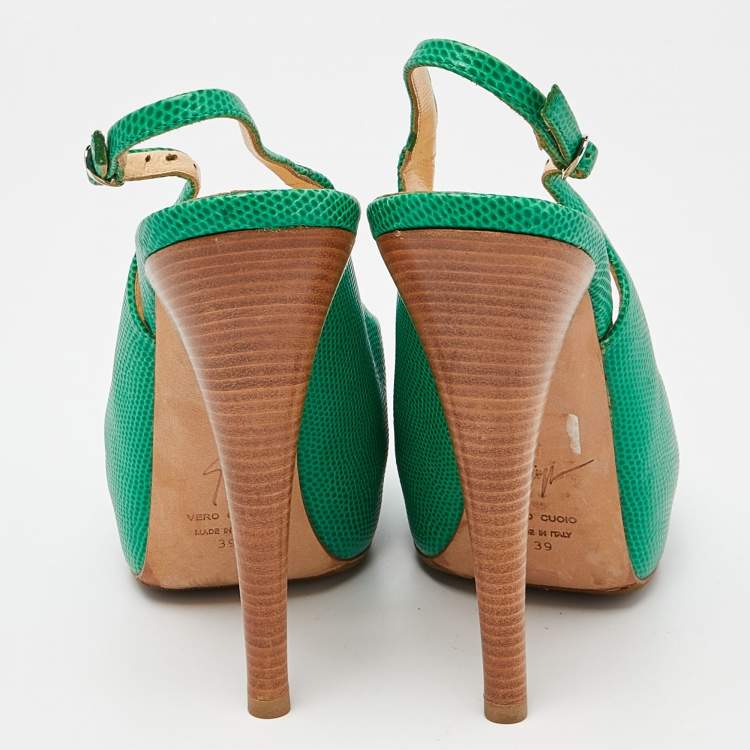 Pre Owned Giuseppe Zanotti Green Lizard Embossed Leather Slingback Sandals Size 39