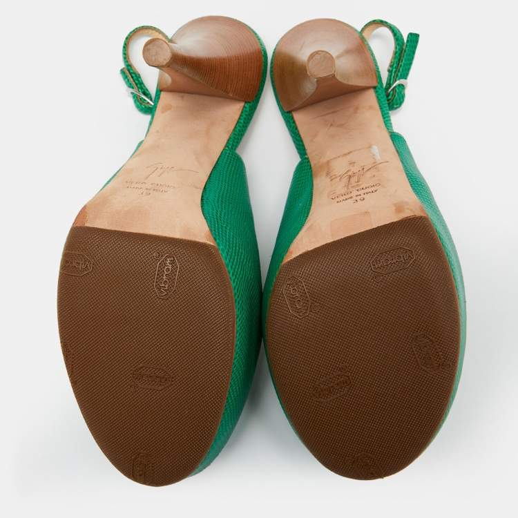 Pre Owned Giuseppe Zanotti Green Lizard Embossed Leather Slingback Sandals Size 39